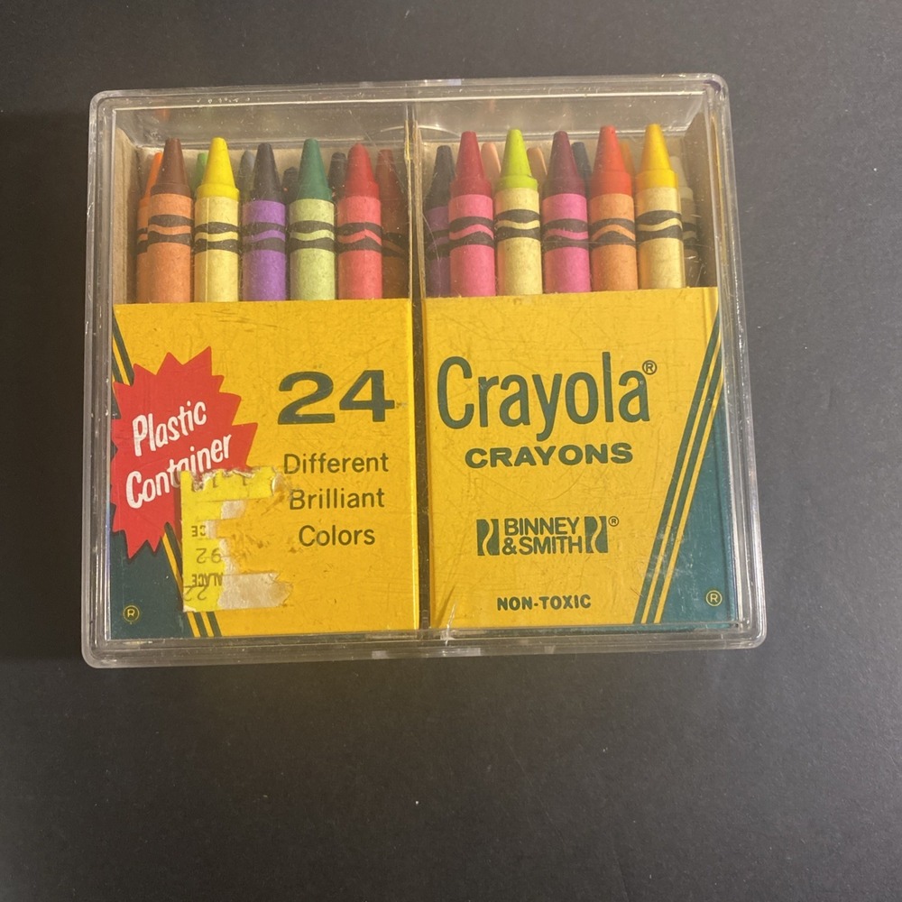 VTG Binney & Smith 24 Crayola Crayons Original Plastic Container Retired Colors